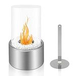 BRIAN & DANY Tabletop Bio Ethanol Fireplace with Cylindrical Glass, Silver