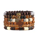 HZMAN Wrap Bracelets Men Women Hemp Cords Wood Beads Ethnic Tribal Bracelets Leather Wristbands (Skull & Wooden Cross)