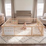 Avenlur Wooden Baby Playpen with Mirror & Whiteboard, 93 x 63 in | 10-panel foldable Montessori baby play yard with gate, sensory activity panels, abacus, standing bar and natural wood design