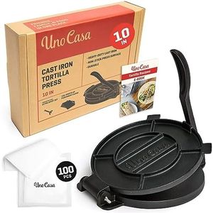 Uno Casa Cast Iron 10 Inch Tortilla Press - Pre-Seasoned Quesadilla, Roti and Pataconera Maker With 100 Pcs Parchment Paper - For Flour, Tawa or Dosa Tortillas