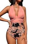 CUPSHE Women V Neck One Piece Swimsuit Halter Backless Ruched Tummy Control Bathing Suit, Coral Pink, Medium