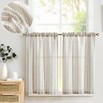 TOPICK Kitchen Curtains Linen Striped Cafe Curtains 36 Inch Drop Small Window Translucent Curtains Ticking Stripe Light Filtering Curtains for Farmhouse Bathroom Laundry 2 Panels Grey Stripe