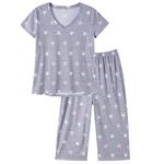 MyFav Womens Plus Size Summer Pyjamas Sets Soft Loungewear Pjs Sets Short Sleeve Top and 3/4 Capri Pants Sleepwear,Grey Star,L