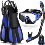 Odoland Snorkel Set with Diving Mask and Swim Fins, Wide View Dry Top Scuba and Flippers, Anti-Fog Anti-Leak Snorkeling Gear for Men Women Adult and Youth Blue L