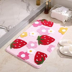 LIKETN Soft Cozy Strawberry Bathroom Rugs Cute Bath Mat Doormat Non Slip Washable Shaggy Bedroom Runner Rug Funny Flower Absorbent Door Mats Tub Shower Bath Rug for Girls (20" X 47", Pink)