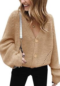 Angashion Women's V Neck Button Down Long Sleeve Cable Knit Cardigan Sweaters Outerwear Tops Khaki Medium