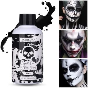 BOBISUKA Black Face Body Paint Liquid Texture Washable Non Toxic Facepaint Fast Drying Foundation Makeup for Halloween Clown Skeleton Skull Cosplay SFX Costume Party Large Capacity(130ml)