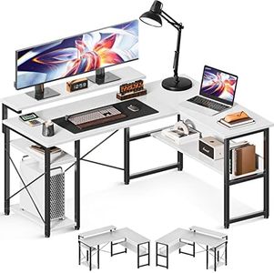 ODK Scrivania ad angolo, scrivania per computer reversibile con ripiani per riporre, scrivania da ufficio con supporto monitor regolabile (137×104 cm, Bianco)