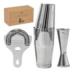 Boston Shaker Set: Professional Two-Piece Stainless Steel Cocktail Shaker Set with Hawthorne Strainer and Japanese Jigger