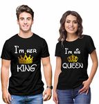 Hangout Hub Hangout-Hub850$P Couple T Shirts for Couples | Printed I Am Her King His Queen-GC (Black;Men M, Women L) T-Shirt for Men Women Couples (Set of 2 | Regulat Fit | Cotton)