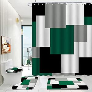 ENYORSEL Green Bathroom Set with Shower Curtain and Rugs, 4 Piece Geometric Bathroom Shower Curtain Set with Rugs, Incl Shower Curtain with 12 Hooks, Bath Mat, U-Shaped Floor Mat, Toilet Lid Oval Rug