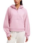 CRZ YOGA Women's Fleece Lined Half Zip Hoodies Sport Hoody Pullover Pockets Long Sleeve Workout Sweatshirt with Thumb Holes Pink Peony 12