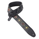 Walker And Williams GTR-20-BB Black On Black Sedona Special Guitar Strap With Padded Back, Snakeskin Inserts, Brass Studs & Rivets For Acoustic, Electric, And Bass Guitars