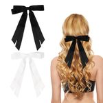 2 Pack Hair Bows for Women, White Bow Hair Clips French Barrette with Long Silky Satin Hair Ribbons for Women Girls(White, Black)