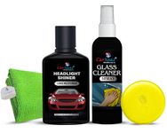 CAR SAAZ Car Headlight Cleaning KIt | Headlight Shiner & Glass Cleaner Combo with Applicator Pad & Microfiber Cloth 450GSM | Complete Shining Kit for Car Glass and Headlights