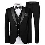 MAGE MALE Men's Slim Fit 3 Piece Suit One Button Solid Shawl Lapel Blazer Jacket Vest Pants Set with Tie Pocket Square Black