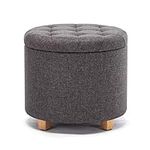 HNNHOME 45cm Round Linen Padded Seat Ottoman Storage Stool Box, Footstool Pouffes Chair with Lids (Charcoal)