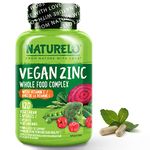 NATURELO Vegan Zinc Whole Food Complex Supplement with Vitamin C for Immune Support and Healthy Skin, Hair, and Nails - 120 Capsules