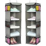 Haundry 2-Pack 5 Shelf Hanging Closet Organizer Space Saver, Foldable Roomy Breathable Hanging Shelves with (6) Side Accessories Pockets, Sturdy Metal Hooks,for Clothes Storage, and Shoes Etc (Grey)