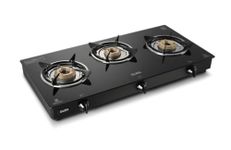Glen Apex LPG Gas Stove 3 Burner | 6mm Toughened Glass Top Gas Stoves | Brass Burners | ISI Certified | Drip Trays | Revolving Inlet Nozzle | 2 Years Warranty | CT3B70BLBB (Black)