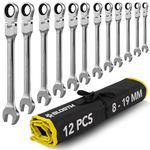 BLOSTM Flexible Ratchet Spanner Set - 12 PCS Combination Spanner Set 8-19mm 180° Flex Head 72 Tooth Gear System Cr-V Steel Ratchet Wrench Set for DIY & Repairs - Includes Roll-Up Storage Pouch