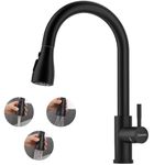 DAYONE Matte Black Kitchen Faucet with 3-Modes, High Arc Kitchen Sink Mixer Tap with Pull Down Sprayer, 1 Hole Stainless Steel Kitchen Sink Faucet, 0012MB