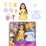 Disney Princess Belle Doll Be Our Guest Petite Belle Doll with Mrs. Potts & Lumiere, in Yellow Ball Gown and Blue Village Dress Fashions