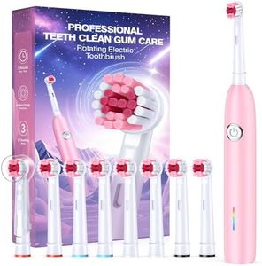 Teeaegis Rotating Electric Toothbrush with 8 Brush Heads for Adults and Kids, 3 Modes Rechargeable Power Toothbrush with 2-Minute Smart Timer, 45-Day Battery Life (Pink)