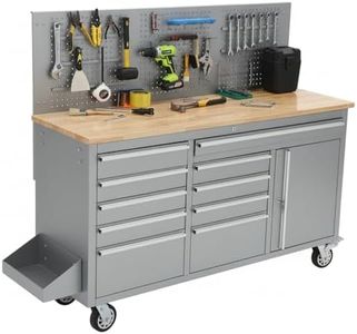 GAOMON 61-inch Rolling Tool Chest, 10 Drawers Garage Workbench Storage Tool Cabinet with Power Strip, Solid Rubber Wood Top, 1675 LBS Load Mobile Workstation, Heavy Duty Rolling Cabinet, Silver