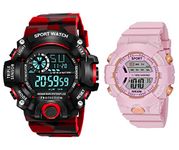 The Shopoholic Digital Red Pink Watch Shockproof Multi-Functional Automatic Army Strap Waterproof Digital Sports Combo Watch for Father and Kids Men's Kids Watch for Boys Watch for Men Pack of 2