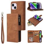 QLTYPRI Case for iPhone 15 6.1 inch, Large Capacity Leather Wallet Case 6 Card Holder & 1 Zipper Pocket Kickstand Wrist Strap Magnetic Case for iPhone 15 - Brown