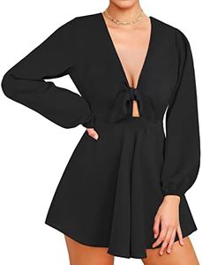 AGQT Women’s Sexy V Neck Self Tie Front Romper Short Jumpsuit Playsuit Mini Outfit Romper Dress Boho Romper, 1727b# Black Solid-long Sleeve, X-Large