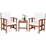 Tangkula 3 Pieces Patio Furniture Set, Includes Set of 2 Outdoor Acacia Wood Cushioned Chairs and Coffee Table, for Garden, Backyard, Poolside, Bistro and Deck, Patio Conversation Chat Set (White)