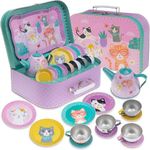 Jewelkeeper 15 Piece Kids Party Tin Tea Set for Toddlers - Kids Tin Tea Set and Carrying Case - Cat Design tea set for 3 year old girls - picnic set toys for kids