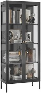 UNICOLY Glass Display Cabinet 4-Tier, Display Cabinet with Glass Doors, Curio Cabinet with Tempered Glasses Doors,Metal Storage Cabinets for Living Room, Plant, Assembly Required, Black