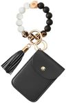 VIQWYIC Wristlet Bracelet Keychain with Wallet for Women, Silicone Beaded Keychain Bangle Car Key Rings (Black)