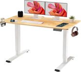SANODESK 110 * 60 Electric Standing Desk ONE PIECE Height Adjustable Standing Desk With Memory Smart Panel Sit Stand Table With Hooks and Cupholder for Home Office (White Frame+ Maple Desktop)