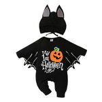 PythJooh Baby Boy Girl My 1st Halloween Outfits Unisex Baby One-piece Long Sleeve Bat Romper Jumpsuit with Hat Clothing Set for 0-18Months