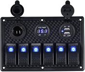 GIDREN 6 Gang Waterproof Rocker Switch Panel 12V/24V Digital Voltage Display, Dual 5V USB Charger Socket for Car Truck Marine Boat (Blue)