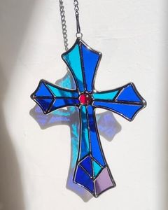 Handmade Stained Glass Cross Suncatcher 7.1x4.7 Inch - Religious Window Wall Hanging Decor Baptism Communion Easter Christmas