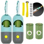 2 Pack Dog Poop Bags Dispenser with LED Flashlight Pet Waste Bags Holder with 9 LR44 Button Cells Diaper Garbage Bags Carrier with Metal Carabiner and Hook&Loop Fastener