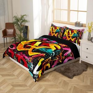 Feelyou Hippie Graffiti Comforter Cover Set Boys Teens Hip Hop Street Culture Bedding Set Kids Youth Wall Graffiti Art Duvet Cover Graffiti Pattern Quilt Cover,Room Decor 3Pcs Bedding Queen Size