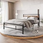 FOUBAM Full Size Bed Frame with Wooden Headboard,Metal Platform Bed Frame Full No Box Spring Needed, Mattress Foundation with Reinforced Steel Slat Support,Under Bed Storage Without Noise,Black&Brown