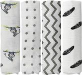 Cottington Lane Muslin Swaddle Wrap for Newborn Baby, Pack of 4_Monkey, Grey Polka, Zigzag & Wing