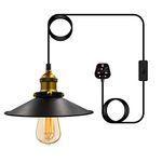 Bronze Industrial Plug in Pendant Light,Vintage Plug in Pendant Lighting,4.5M Adjustable Plug in Ceiling Light,Retro Brass Lampshade Hanging Lamp with Switch,E26/E27 Black Pendant Light Fitting