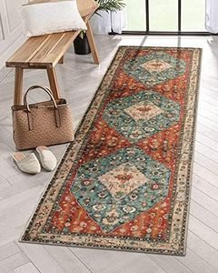 Lahome Boho Tribal Runner Rug - 2x7 Hallway Kitchen Runner Rug Washable Bathroom Laundry Mat Faux Wool Non-Slip Floor Carpet for Entryway Bedroom Living Dining Room,Rust/Dull Teal