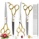 FOGOSP Professional 7" Dog Grooming Scissors Kit 4pcs, JP 440C Stainless Steel Curved Blender Straight Chunker Shears for Dog Cat and Pets (7 in Kit, Gold)