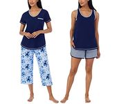 Carole Hochman Women's 4-Piece 100% Cotton Pajama Set – V-Neck T-Shirt, Tank, Capri Pants & Shorts with Drawstring & Pockets, Blue-tie Dye, XXL