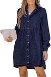 LookbookStore Denim Shirt Dress Denim Shirt Dress Womens Fall Dresses Long Sleeve Dress for Women Knee Length Dress for Women Hocoming Dress Twilight Blue Size Large Size 12 14