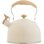 2.6 Quart/2.5 L Whistling Tea Kettles with Wood Grain Adjustment Nylon Handle, Capsule Base Tea Kettle, White (White)